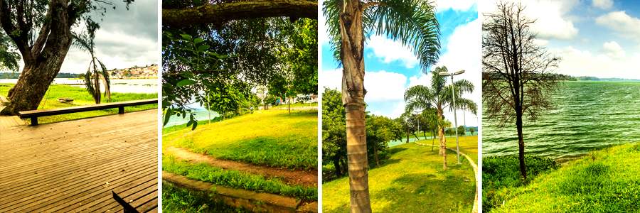 Mosaico com quatro fotografias sendo a primeira de um deck de madeira com bancos ao redor e uma árvore sobre a grama ao lado, a segunda campo aberto com grama verde, a terceira do campo aberto com árvores espalhadas, e a quarta da grama verde se juntando com a água azulada da represa.